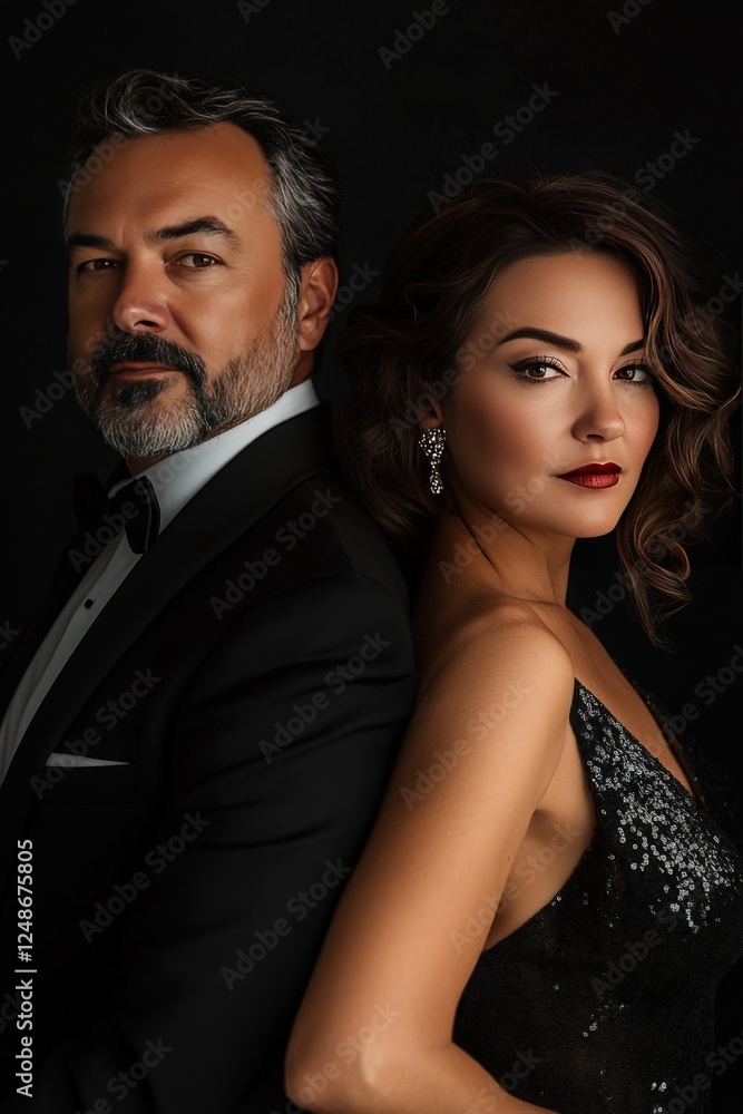 A man in a tuxedo and a woman in a dress pose for a picture A man in a tuxedo and a woman in a dress pose for a picture