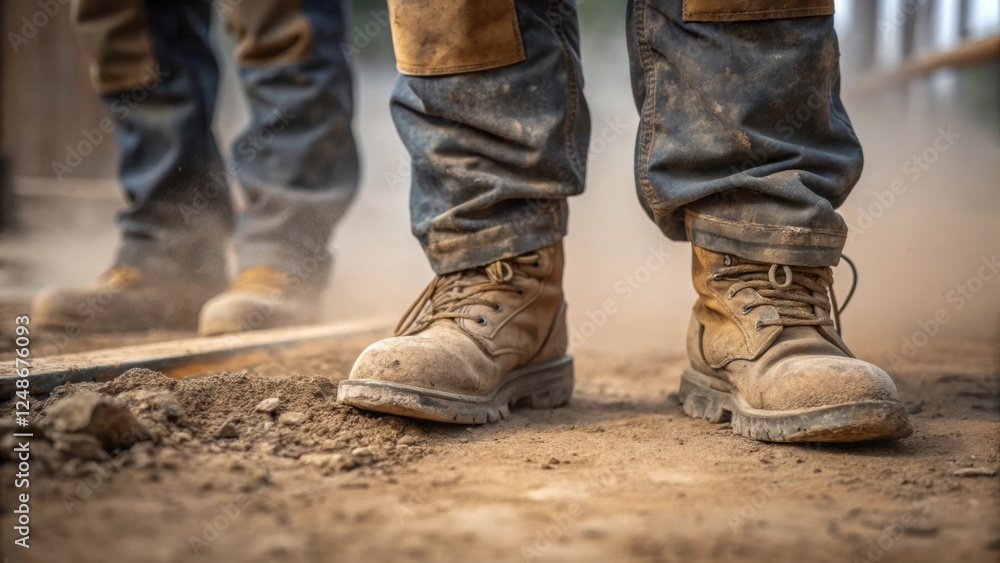 A closeup of the construction workers sy boots planted firmly on the ground dust and dirt accumulated signifying hard work and long hours spent on the job site. A closeup of the construction workers sy boots planted firmly on the ground dust and dirt accumulated signifying hard work and long hours spent on the job site.