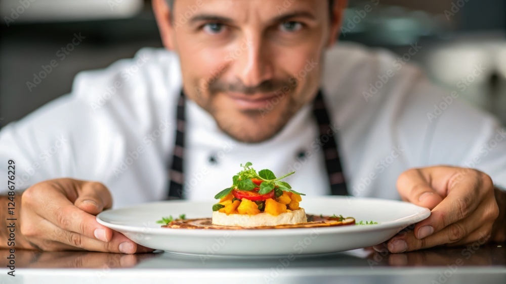 A closeup of the chefs hands as they elegantly plate a gourmet dish capturing the intricate details and artistry while the chefs relaxed smile subtly hints at pride in their work. A closeup of the chefs hands as they elegantly plate a gourmet dish capturing the intricate details and artistry while the chefs relaxed smile subtly hints at pride in their work.