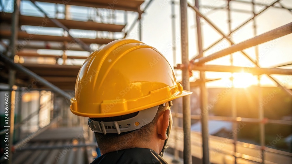 A closeup of the erectors helmet reflecting the sunlight as he stands amidst the scaffolding. The surface glistens highlighting the safety equipments importance in demanding A closeup of the erectors helmet reflecting the sunlight as he stands amidst the scaffolding. The surface glistens highlighting the safety equipments importance in demanding