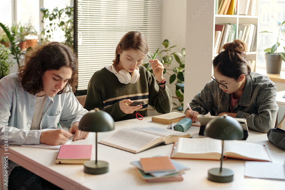 Obraz premium Group of three students sitting at desk in college classroom while preparing for exams reading book