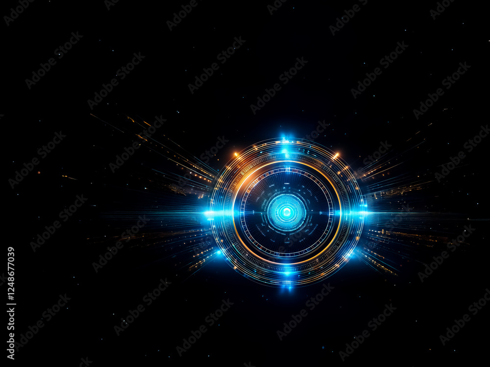 Fototapeta premium Vibrant, futuristic circle of light featuring radiant blue and orange flares against a stark dark backdrop. Illuminating and abstract, it evokes technology and energy.
