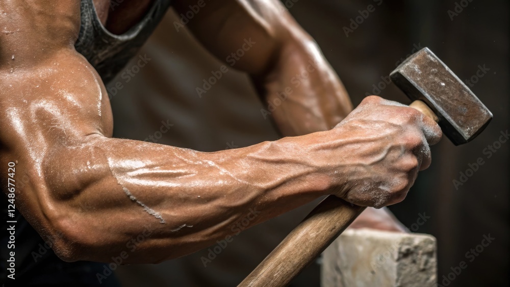 Obraz premium A closeup of the sculptors forearm muscles tensed and stained with dust as they apply pressure to the chisel illustrating the physicality and effort involved in the delicate task