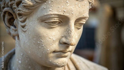 A closeup of the sculptors face illuminated by natural light with tiny flecks of stone dust on their skin portraying the laborintensive nature of the craft. photo