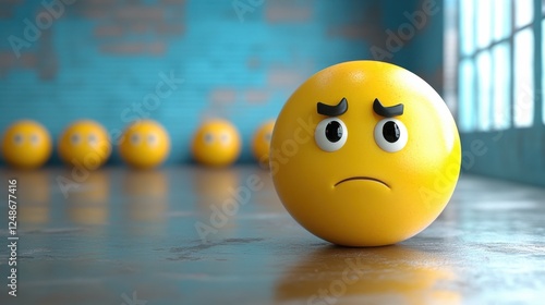 Sad yellow emoticon in a dimly lit room with other similar emoticons in the background
