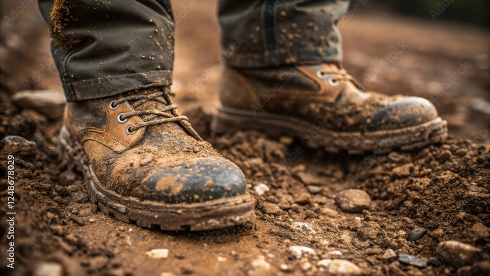 A closeup of the workers muddy boots firmly planted on the ground with splatters of dirt and small pebbles highlighting the rugged terrain they navigate daily. A closeup of the workers muddy boots firmly planted on the ground with splatters of dirt and small pebbles highlighting the rugged terrain they navigate daily.