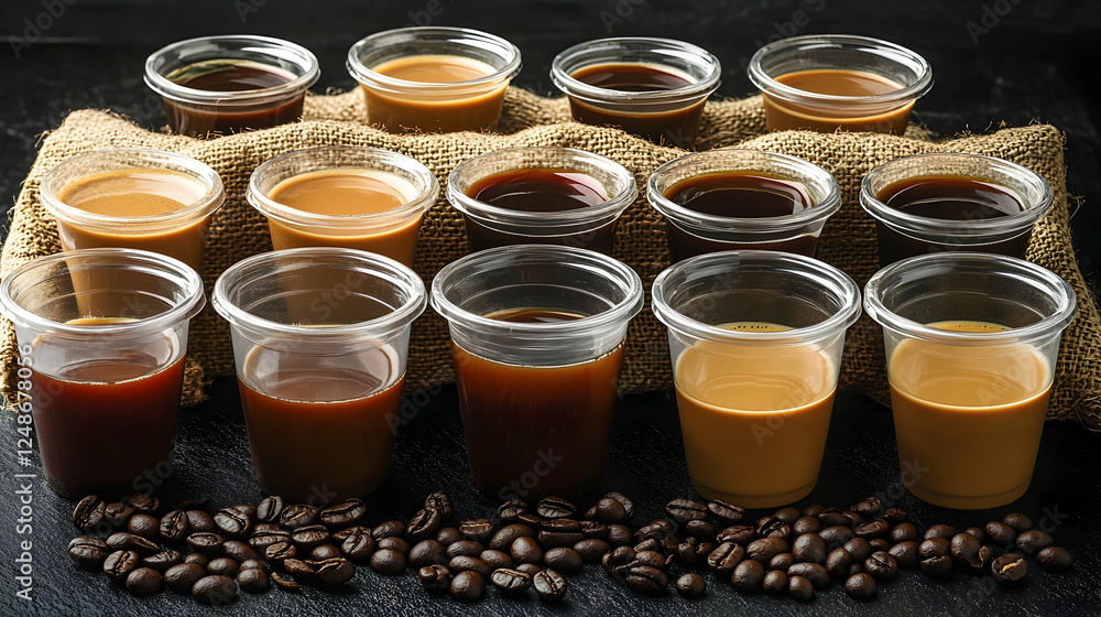 Coffee variations, tasting, burlap, dark background, food photography Coffee variations, tasting, burlap, dark background, food photography