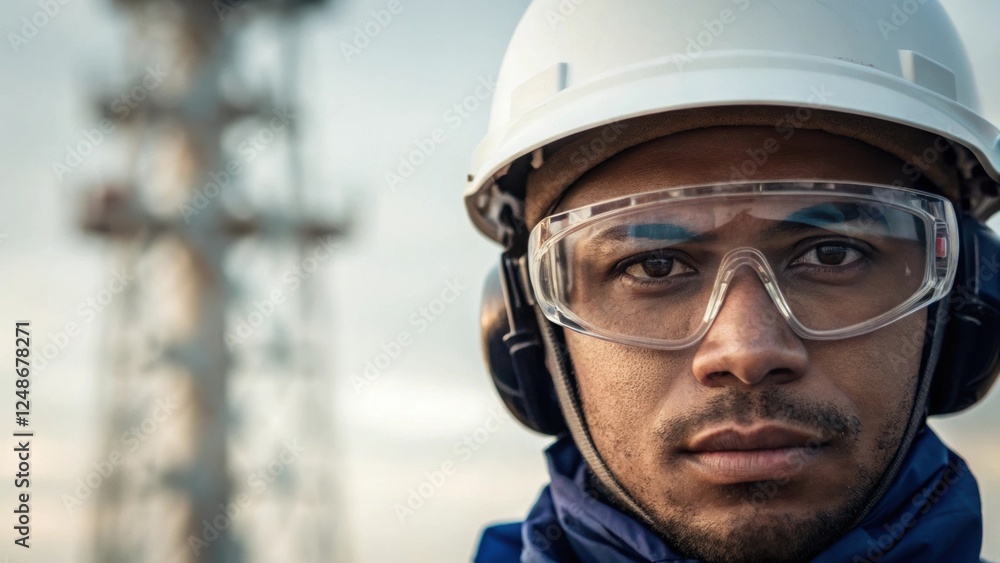 A closeup on the technicians face determination evident in their expression as they wear protective glasses with the large turbine tower looming in soft focus behind them. A closeup on the technicians face determination evident in their expression as they wear protective glasses with the large turbine tower looming in soft focus behind them.