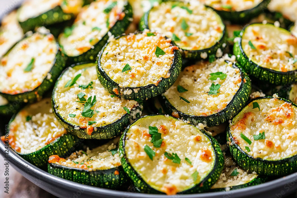 Baked zucchini with cheese served in a bowl Baked zucchini with cheese served in a bowl