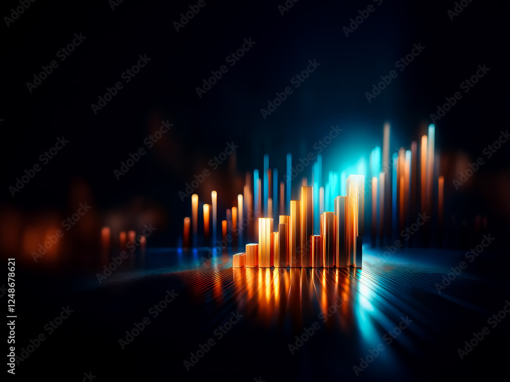 Abstract glowing columns of orange and blue light rise from a dark reflective surface, creating a futuristic and digital atmosphere. Abstract glowing columns of orange and blue light rise from a dark reflective surface, creating a futuristic and digital atmosphere.