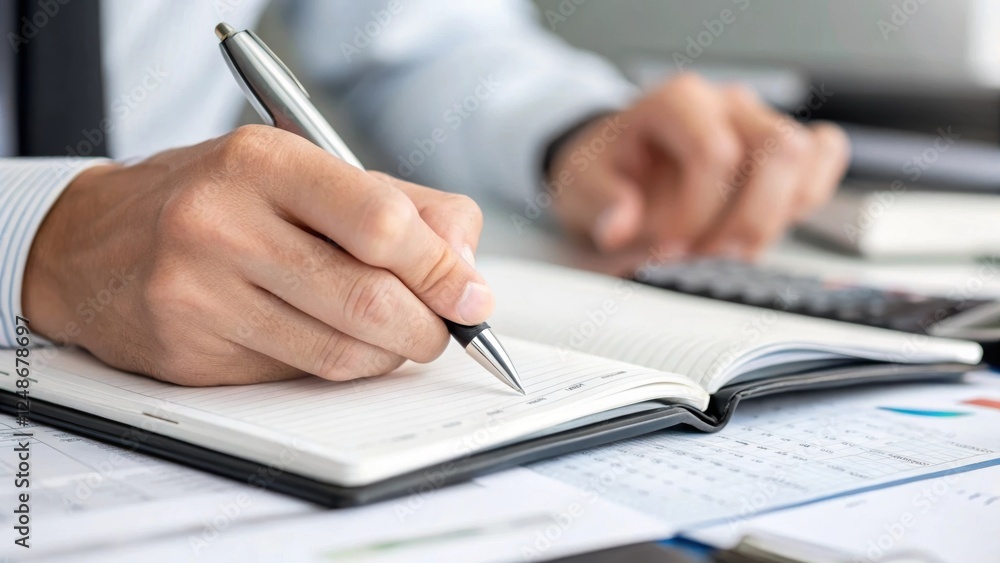 A closeup shot capturing the accountants hands meticulously writing notes in a planner with a sleek pen and organized papers in the background symbolizing attention to detail and A closeup shot capturing the accountants hands meticulously writing notes in a planner with a sleek pen and organized papers in the background symbolizing attention to detail and
