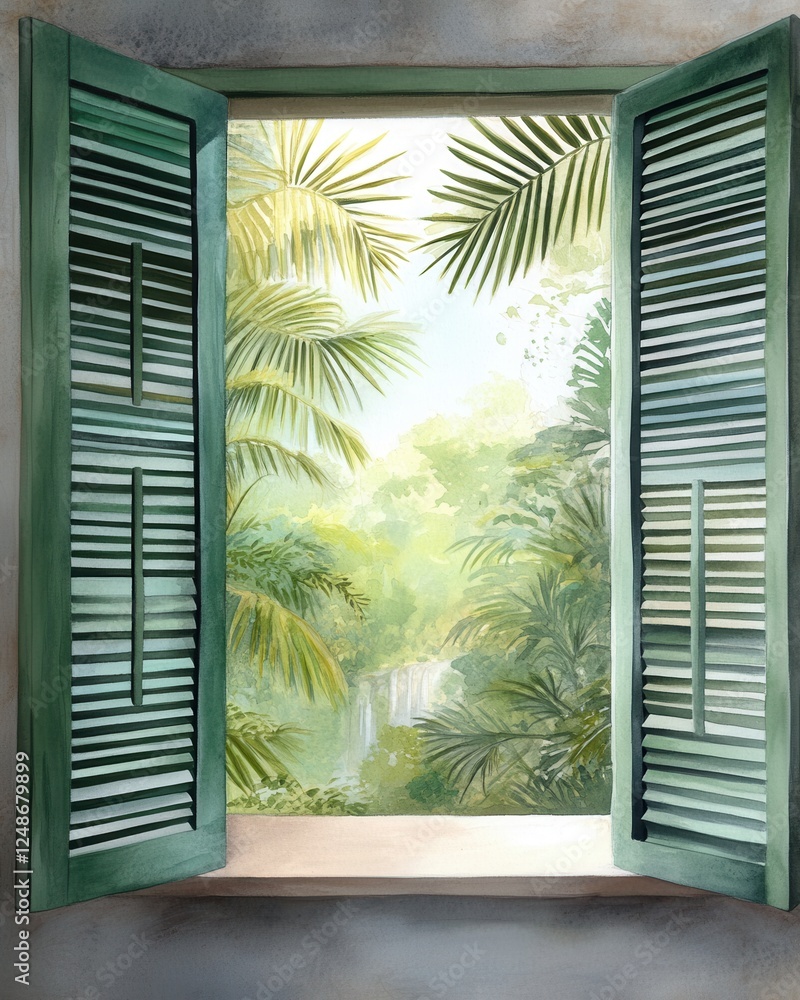 Fototapeta premium A view through an open window with green shutters, showing dense tropical jungle foliage, with exotic flowers, vines, and distant waterfalls, painted