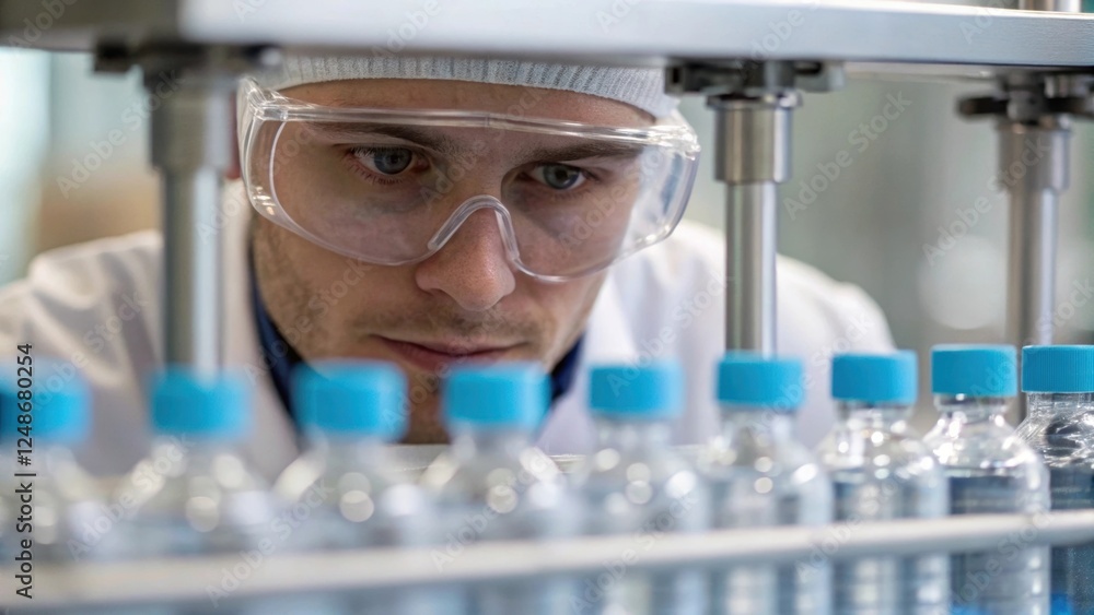 Fototapeta premium A focused shot of an operator wearing protective goggles observing a clear liquid as it flows through a filtration system highlighting the importance of safety in pharmaceutical