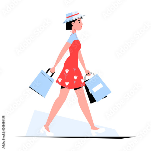 Woman Shopping With Bags In Flat Vector Illustration Symbolizing Retail Therapy, Fashion Shopping, And Consumer Lifestyle, Isolated On White Background.