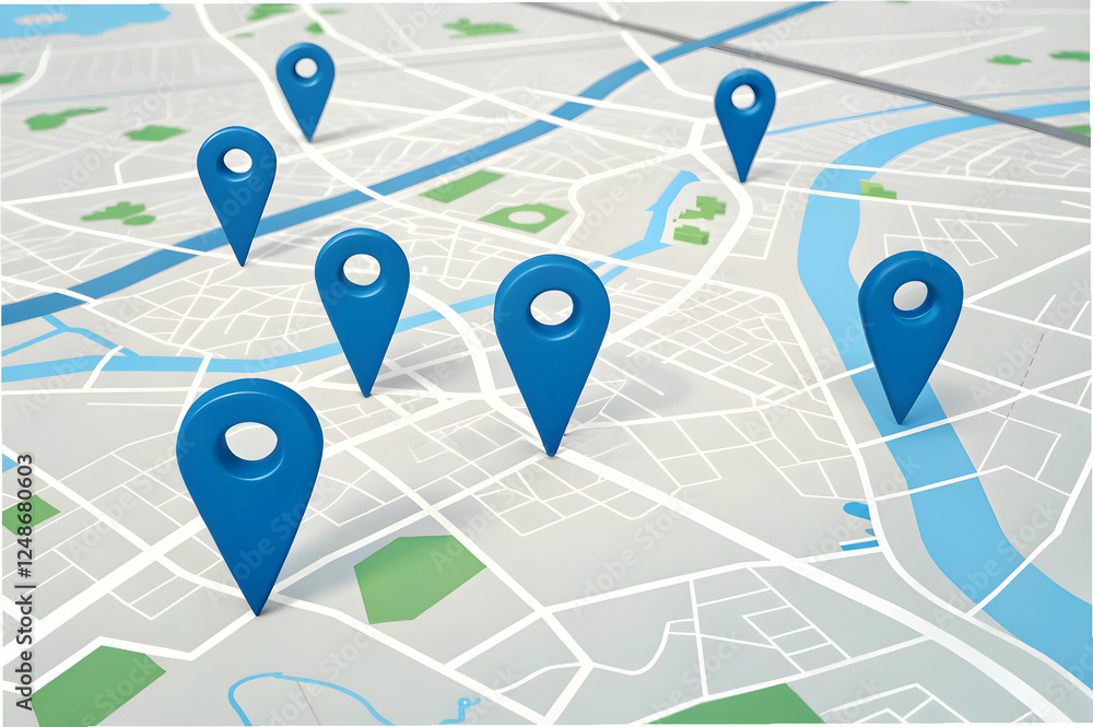A digital map featuring multiple blue location pins marking various points of interest across a city layout.
