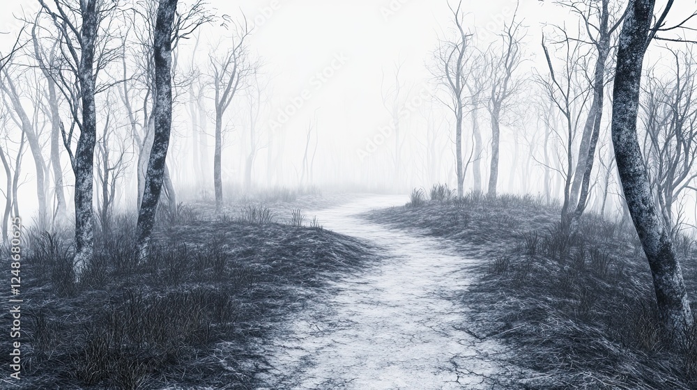 Obraz premium Mysterious Path Through a Foggy Winter Forest Landscape