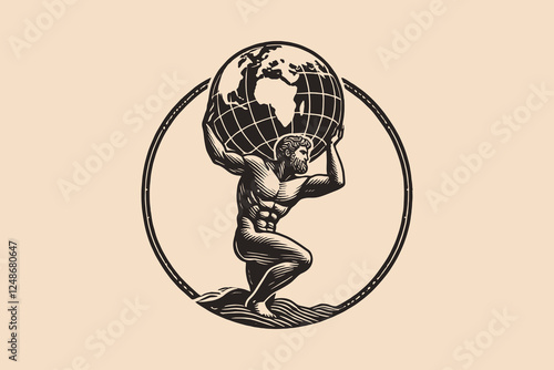  Muscular Greek Atlas holding Earth above head while kneeling, vintage engraving