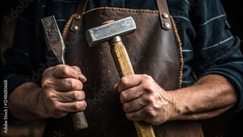 A medium closeup captures the masons hands expertly gripping the chisel and hammer co calluses visible showcasing the laborious work and years of experience required for the craft.