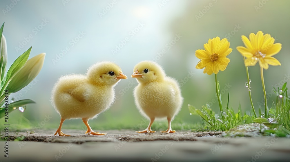 Fluffy yellow chicks wandering around a garden, curiously pecking at flower petals and dewdrops Fluffy yellow chicks wandering around a garden, curiously pecking at flower petals and dewdrops