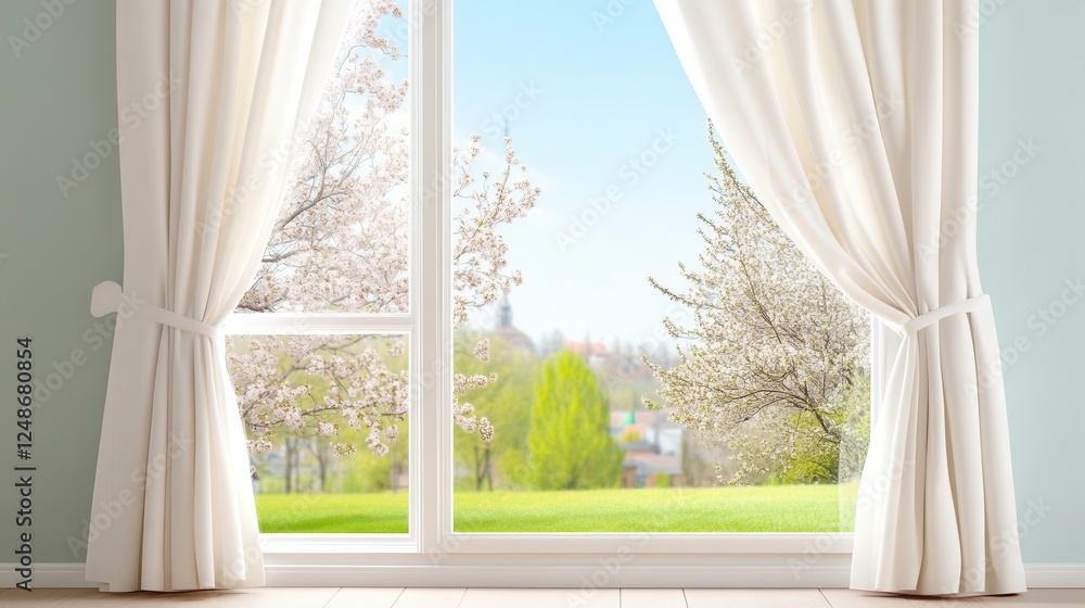 Light white curtains billowing gently from an open window, with a view of blooming trees and fresh spring air Light white curtains billowing gently from an open window, with a view of blooming trees and fresh spring air