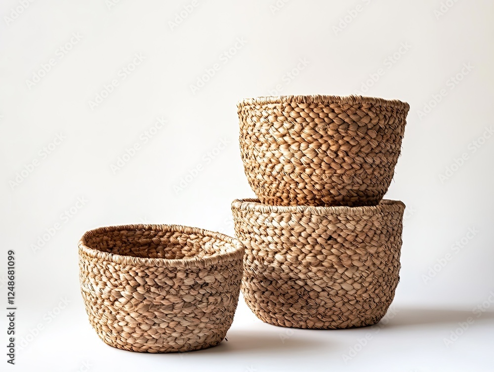 Stack of Three Woven Baskets on White Backdrop for Home Organization Stack of Three Woven Baskets on White Backdrop for Home Organization