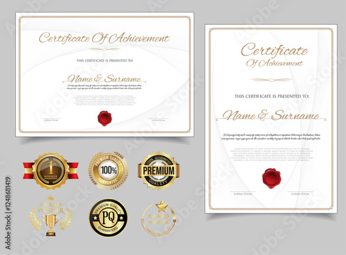 Certificate of achievement template, gold and white color 