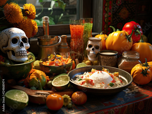 Day of the Dead still life with colorful food and skull