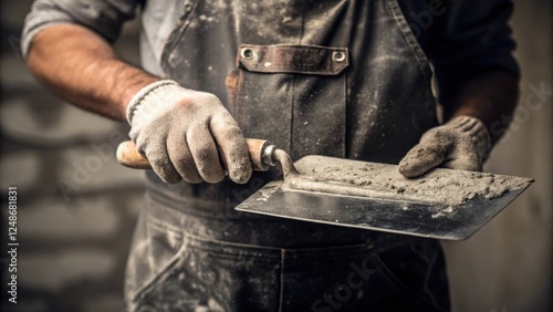 A medium closeup focusing on the finishers hands skillfully smeared with concrete dust as he holds a trowel emphasizing the texture of his work and the elegance of his tools. photo