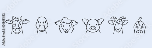 Farm animals like pork, hen, cow, sheep, goat and goose hand drawn vector outline icons.