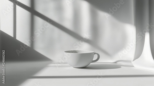 Minimalistic white cup placed on a bright surface with soft shadows and natur...