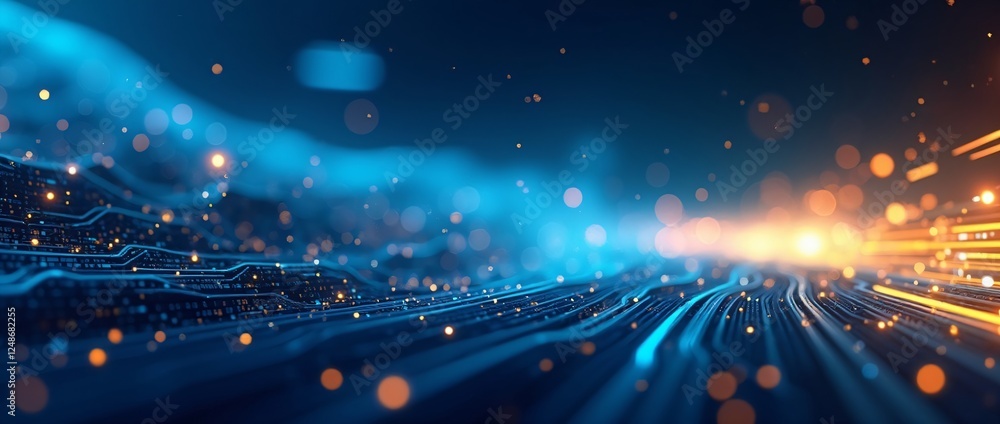 Obraz premium Digital technology speed motion blur with blue and yellow light trails. Abstract futuristic data stream. Digital transformation. Information and cyber technology concept