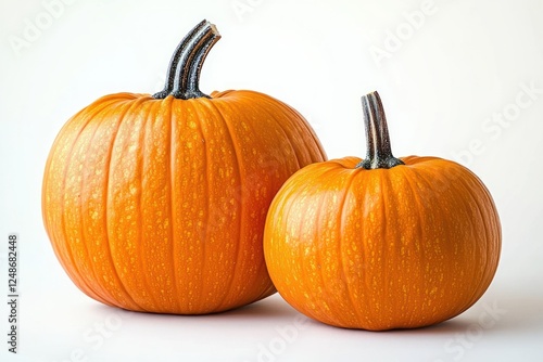 Hyper-realistic still life of two pumpkins large and small on white background photo