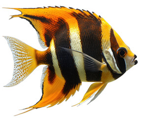 striking angelfish with bold patterns swimming gracefully. Its vibrant orange and black stripes create stunning visual against transparent background, showcasing its beauty and elegance