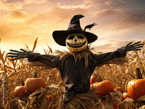 Spooky Scarecrow in a Pumpkin Patch at Sunset