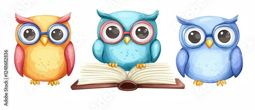 Wallpaper Mural Cute Watercolor Owls with Glasses Reading a Book Surrounded by a Decorative Frame and White Border Torontodigital.ca