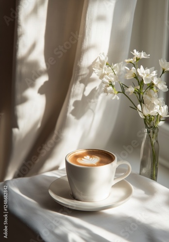Warm coffee cup on a table by the window with flowers during sunlight
