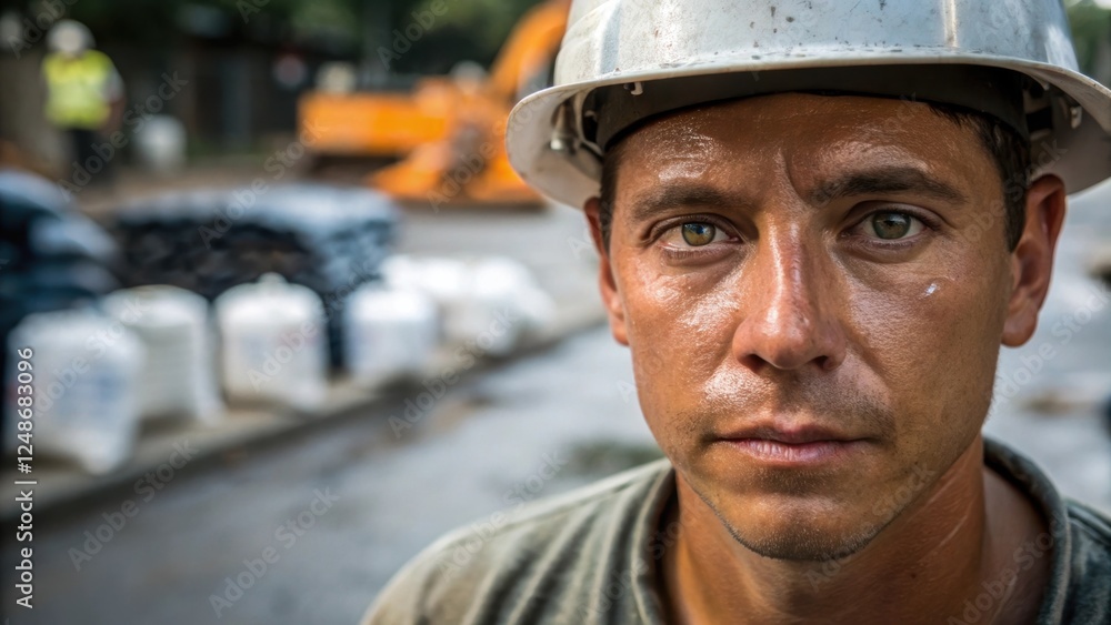 A medium closeup of the technicians face sweat forming on their brow focused eyes and determined expression reflecting the laborious effort of laying down pavement with tools and A medium closeup of the technicians face sweat forming on their brow focused eyes and determined expression reflecting the laborious effort of laying down pavement with tools and