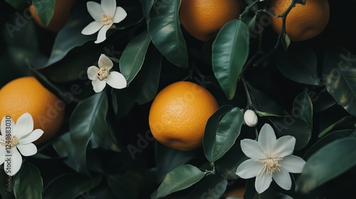 Fresh oranges and white blossoms on a tree branch during springtime in a garden