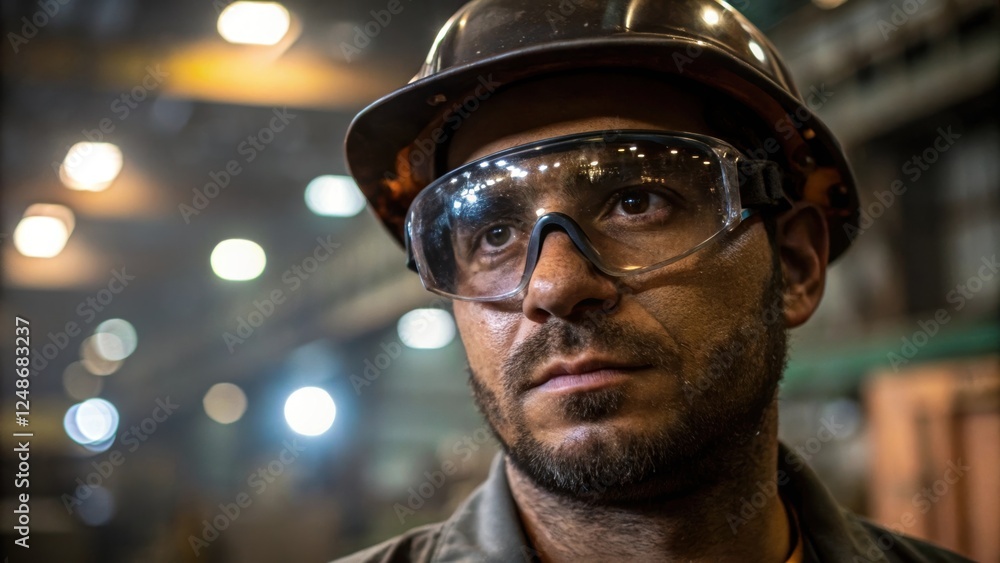 A medium closeup of the steel ters face focused and determined with protective eyewear reflecting the bright industrial environment showcasing sweat on their brow as they A medium closeup of the steel ters face focused and determined with protective eyewear reflecting the bright industrial environment showcasing sweat on their brow as they