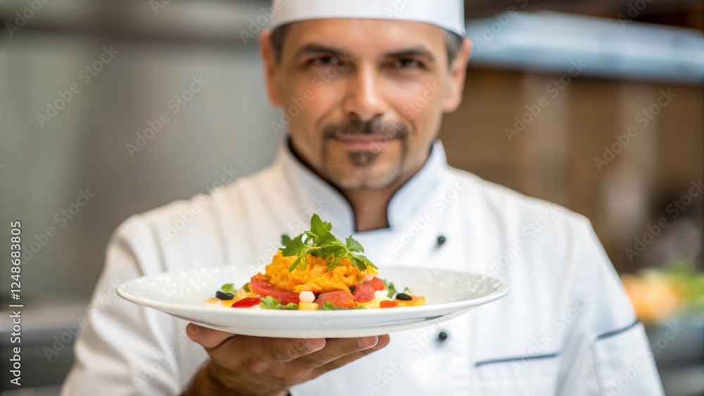 A medium closeup showcasing the chef holding a beautifully plated dish the vibrant colors of the food contrasting against his pristine white jacket and hat a hint of pride in his A medium closeup showcasing the chef holding a beautifully plated dish the vibrant colors of the food contrasting against his pristine white jacket and hat a hint of pride in his