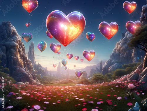 Glowing Hearts Floating Over a Magical Flower Field at Sunset
