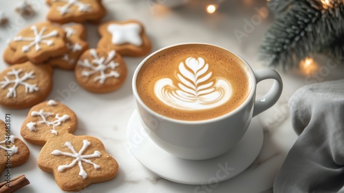 Cozy coffee cup with festive cookies on a marble table during the holiday season