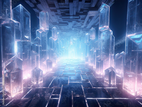 Luminous Crystal Cityscape: A Futuristic Tunnel of Glowing Blue Light