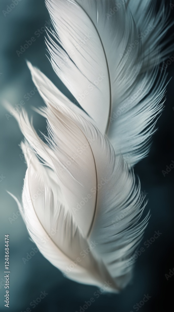 Naklejka premium Soft white feathers floating gracefully against a muted blue background