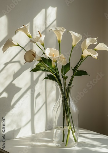 Elegant calla lilies in a glass vase casting shadows in bright sunlight