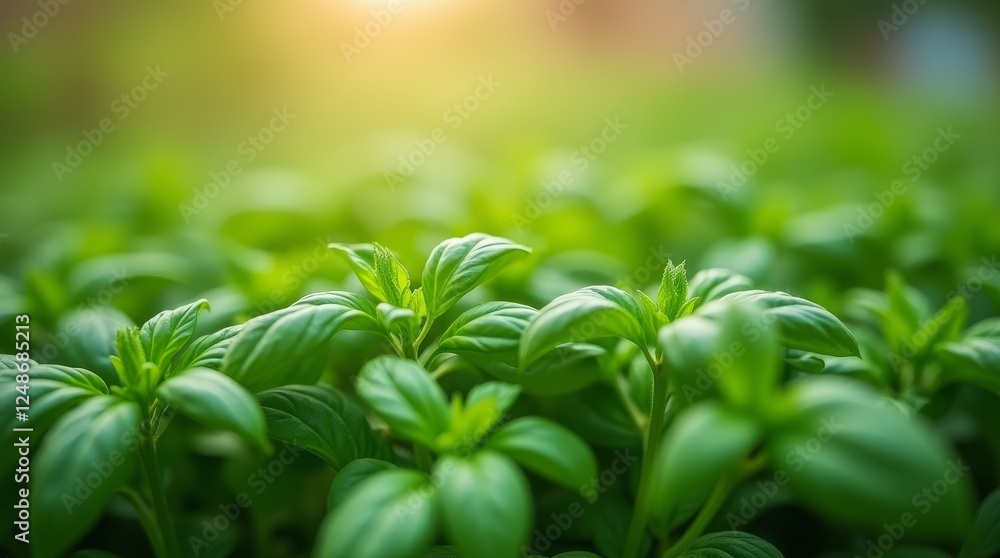 Obraz premium Basil plants growing in garden with sunlight. Close-up of green leaves with blurred background. Organic farming and culinary herb concept