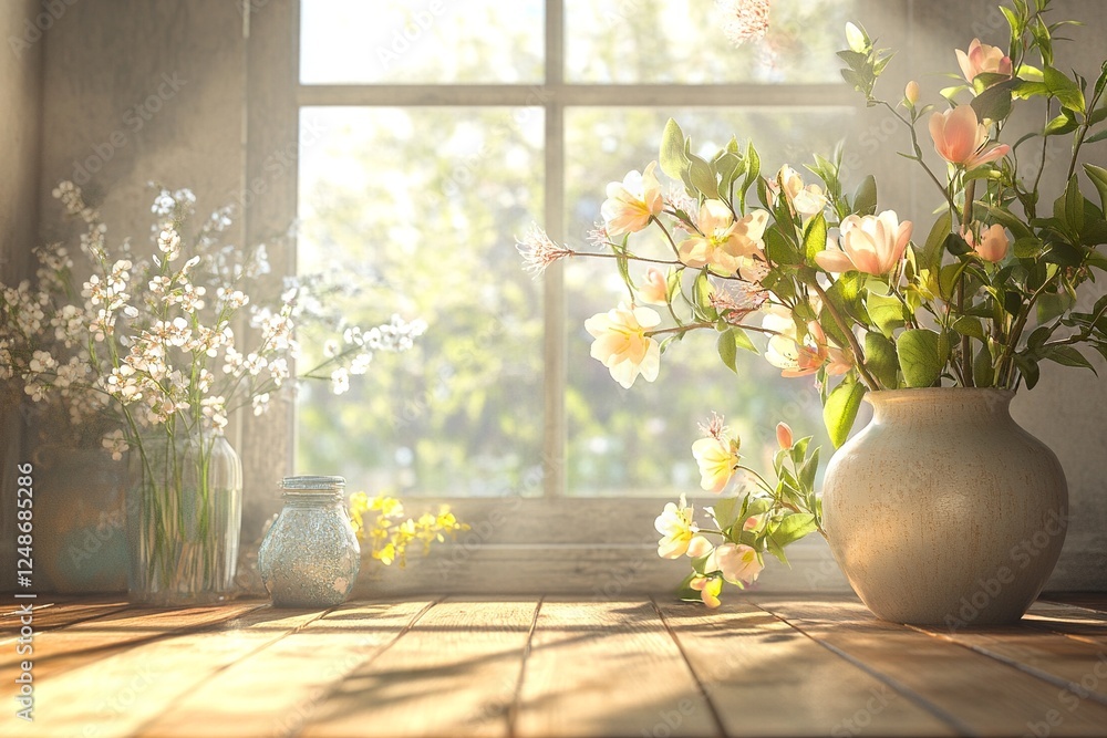 Fototapeta premium Elegant spring-themed background with delicate flowers, creating a fresh and vibrant atmosphere. Perfect for seasonal designs and promotions.