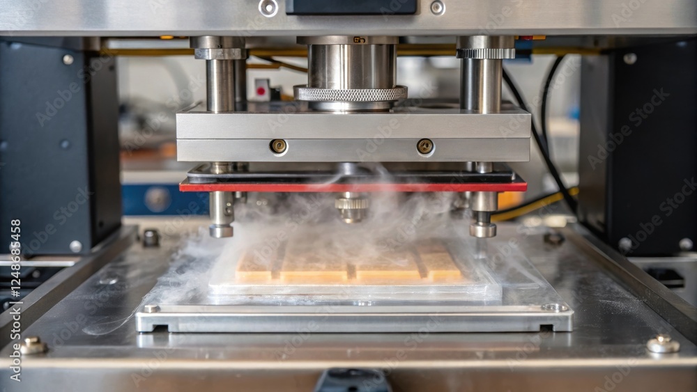 Closeup of a sealing machines intricate mechanism as it compresses the top of a package steam visibly rising from the heated surface showcasing the technology behind the sealing Closeup of a sealing machines intricate mechanism as it compresses the top of a package steam visibly rising from the heated surface showcasing the technology behind the sealing