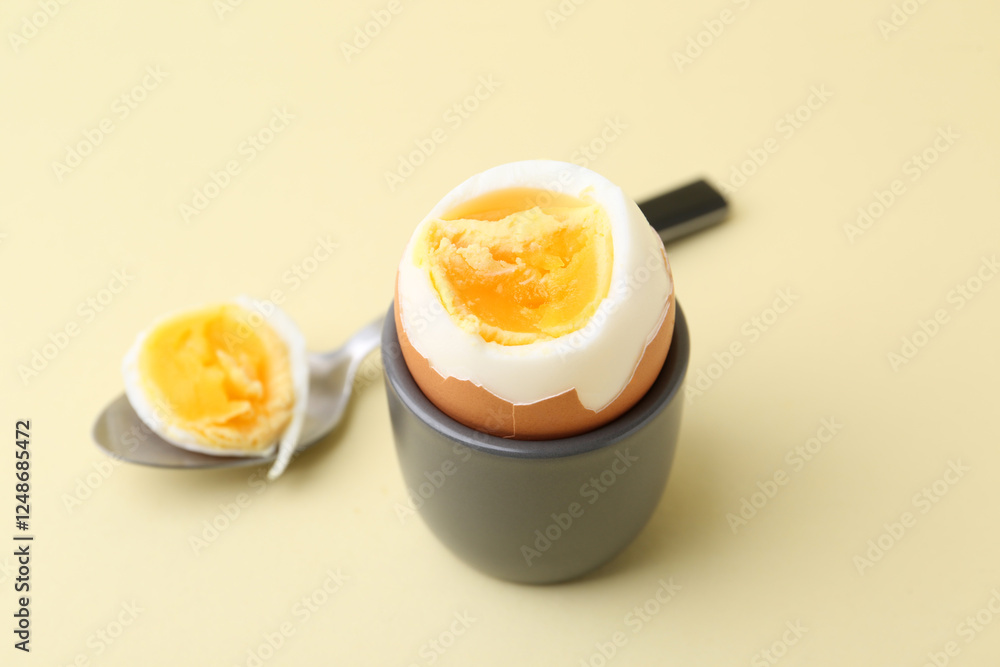 Soft boiled egg in eggcup and spoon on beige background, closeup Soft boiled egg in eggcup and spoon on beige background, closeup