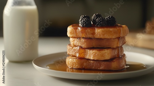Delicious stack of thick french toast drizzled with syrup and topped with bla...
